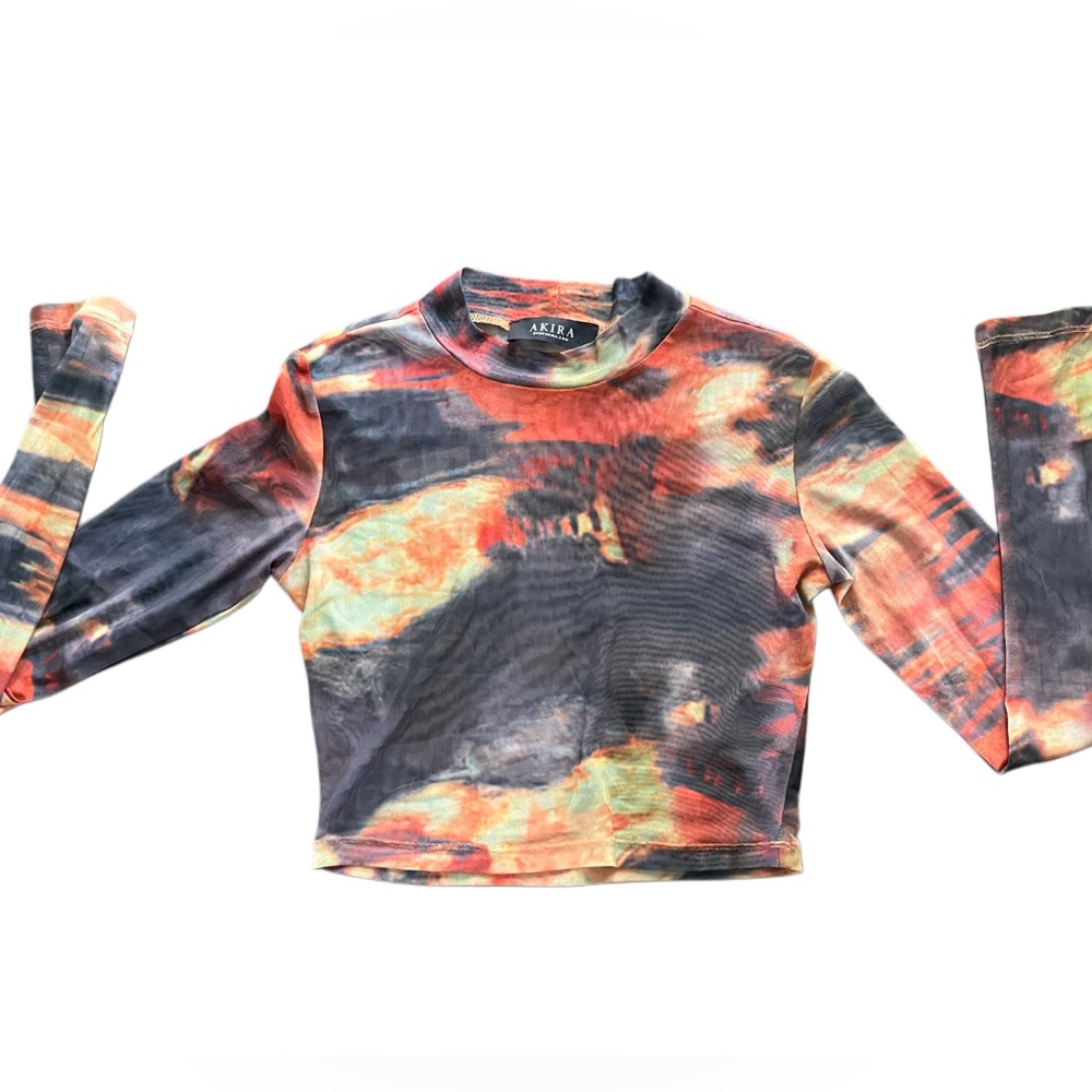 Akira Abstract Mesh Mock Neck Crop Top - Sunset Print - Small